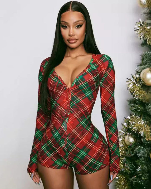 Christmas Plaid Long Sleeve Deep V Button Front Romper